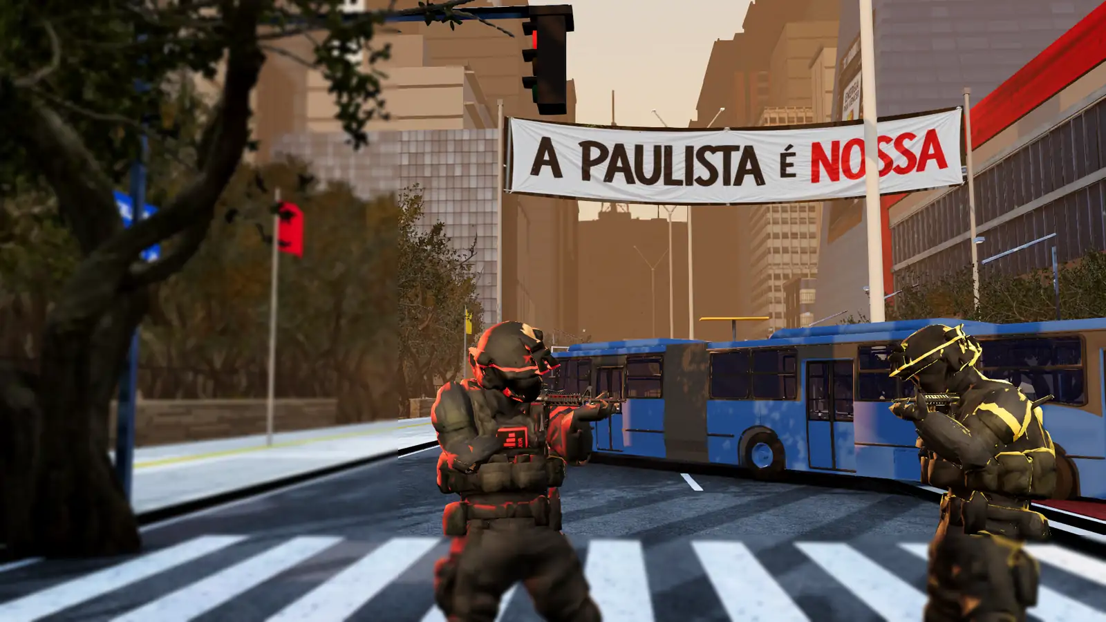 Soldados do time vermelho e do time amarelo na Avenida Paulista, embaixo da faixa A Paulista é nossa